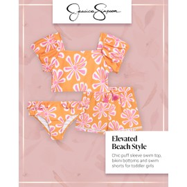 Jessica Simpson Toddler Girls Swimsuit Set - 3 Piece Puff Sleeve Swim Top, Bikini Bottoms and Swim Shorts for Girls (2T-6X), Size 6, Orange