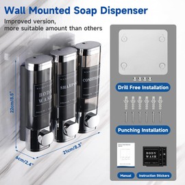 Shower Soap Dispenser Wall Mounted No Drill Shampoo Dispenser for Shower Wall Shampoo and Conditioner Dispenser Bathroom Hotel 3 * 300ml Chrome with Labels