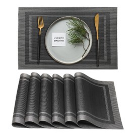 HALESEY Placemats Set of 6 Non Slip placemats for Kitchen Dining Room Indoor Heat Resistant Table mats Woven placemats(Woven Silver Grey)