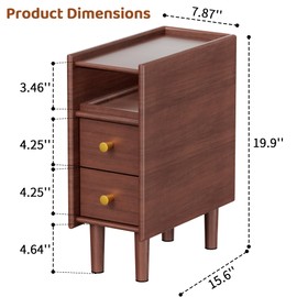 Huolewa Narrow Nightstand with 2 Drawers - Solid Wood Narrow Side Table with Open Shelf for Small Spaces, Couch, Bedroom, Living, Office - Small Bedside Table, End Tables (Walnut, 7.87 inch)
