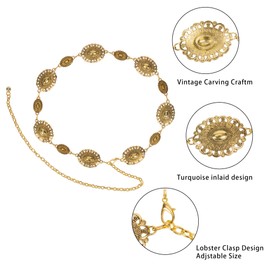 WAYLIT Western-Belt-Women Cowgirl-Metal-Belts Boho Golden Vintage Concho Chain Belt for Dress Jeans (Black Golden, Length 51.1" (29.5"+extended chain 21.6"))