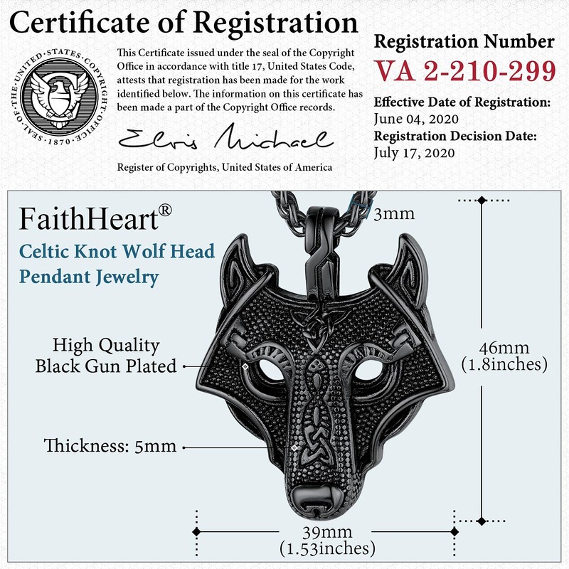 FaithHeart Mens Viking Norse Wolf Head Necklace for Men Norse