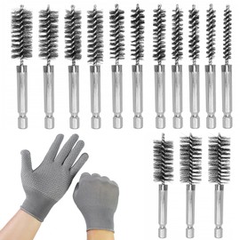 Pack of 14 1/4 Wire Brush for Drill, 8-25 mm, Various Sizes, Cylinder Wire Brush, with Hexagonal Bar Stainless Steel Hole Brush and a Glove, for Polishing Grinding Hammer Drills