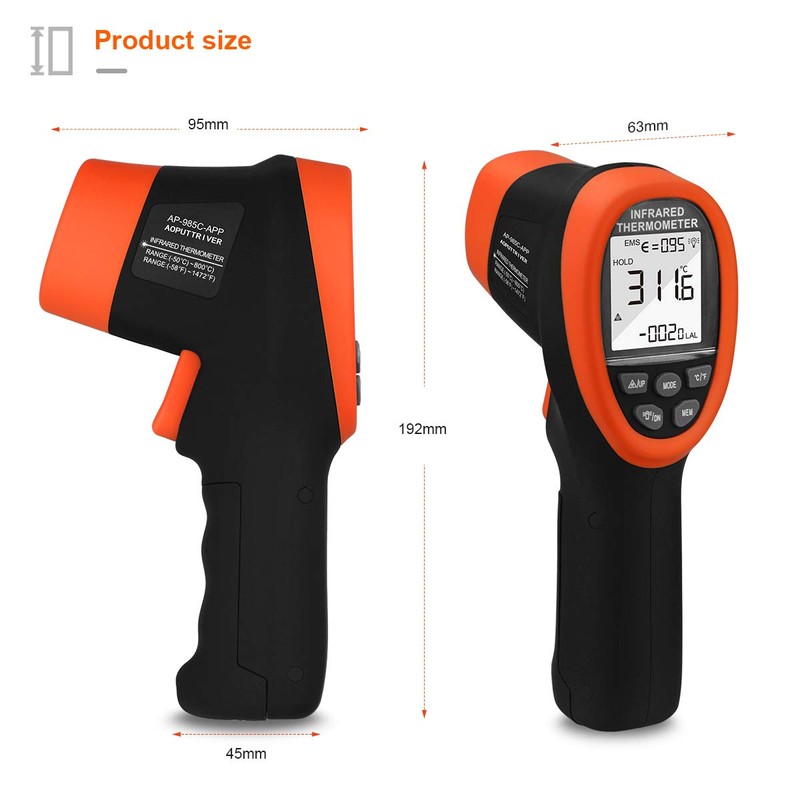 Infrared Thermometer, AP-985C-APP IR Thermometer Range -50℃～800℃, D:S=16:1, Non-Contact Gun,