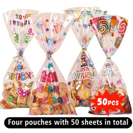WRBAJIS Happy Birthday Cellophane Goodie Bags 50Pcs Clear Candy Bag Plastic Cake Star Treat Bags with Ties for Gift Cookie Birthday Baby Shower Party Supplies