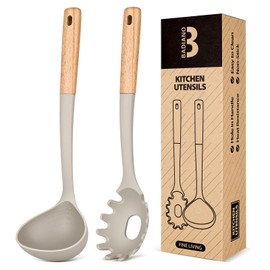 Pasta Fork and Ladle Set, Perfect for Serving Hot Soup, Stirring, and Sauce Pasta, BPA-Free Matte Silicone, Wood Handle Spaghetti Spoon for Nonstick Cooking Surfaces (Khaki)