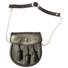 Sporran de piel negro con 3 borlas en relieve doble con cadena y cinturón, Negro`, 7" x 1.5" x 8"