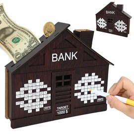 Stranthother Wooden Money Savings Box with Pen Reusable Retro Target 1000 Dollars Piggy Bank for Adults Cash 1k Challenge Saving Box 1000 Counter Goal