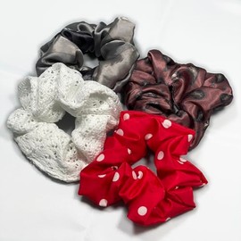 VIZALO Large White Lace Hair Scrunchies for Women, Girl Hair Bands, Hair Ties, Ponytail Holders, hair accessories, Soft and Stretchy, 5"~5.5" diameter。4 pcs White (Grey Silver+Lace+Poka dot+Amoebic)