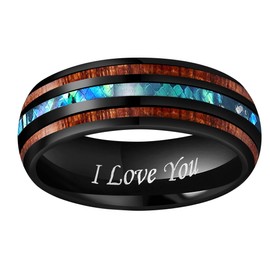CROWNAL 8mm Rare Koa Wood And Abalone Shell Inlay Balck Tungsten Carbide Ring Men Women Wedding Band Engraved I Love You Size 7 To 17 (8mm,7.5)