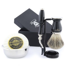 Haryali London Black Shaving Set - 5-Piece Shaving Set - 3 Razor Blades - Super Badger Hair Shaving Brush - Shaving Stand - Shaving Soap and Shaving Bowl