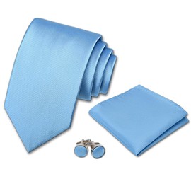 MYNPHYNA 100% Microfiber Solid Color Men's Tie Set in Gift Box with 3.15'' (8cm) Tie, Pocket Square, and Cufflinks (Light Blue)