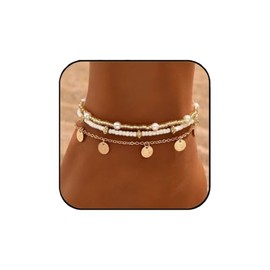 Aluinn Boho Gold Anklet Set - Boho Beach Jewelry White Beads, Starfish & Shell Charms, Life Tree Design for Summer Vacation/Gift Giving, Trendy & Cute Foot Accessories for women