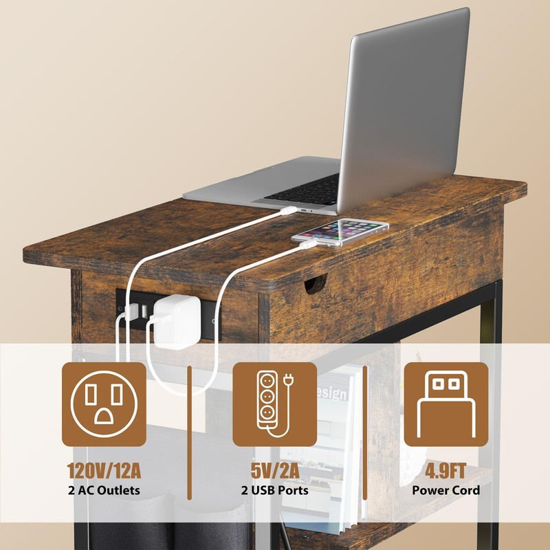 JoanKaren End Table with Charging Station, Flip Top Nightstand with