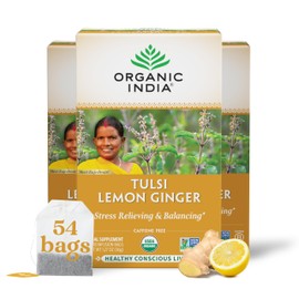 ORGANIC INDIA Tulsi Lemon Ginger Tea Bags - Herbal Tea, Stress Relieving & Reviving, Immune Support, Aids Digestion, Vegan, USDA Certified Organic, Non-GMO, Caffeine-Free - 18 Infusion Bags, 3 Pack