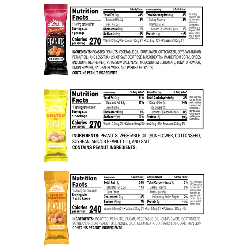 Nut Harvest, 3 Flavor Peanuts Variety Pack, Individual Bags (36