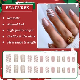 Pack of 24 Christmas Nails for Sticking, Short, Square French Artificial Nails, Pink Stripes, Press On Nails, Acrylic Full Cover False Nails, Fingernails, Fake Nails for Women, Festival Nail