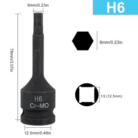 Juttzzei Impact Hex Bit Socket, 1/2" Drive x H6 (6mm) Allen Key Socket, Premium Cr-Mo Steel 6mm Hex Bit with 3" Length for Torque Wrench, Ratchet Wrench, Impact Power Drills