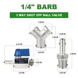 TAISHER 304 Stainless Steel 3 Way Shut Off Ball Valve，1/4" Hose Barb 2 Switch Y Shaped Valve for Fuel/AIR/Lquid/Gas
