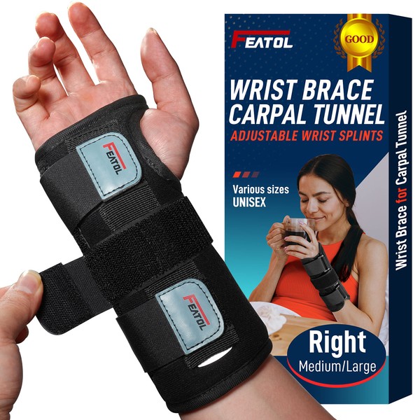 FEATOL Wrist Brace for Carpal Tunnel, Adjustable Night Wrist Support Brace with Splints Right Hand, Medium/Large, Hand Support for Arthritis, Tendonitis, Sprain, Injuries, Wrist Pain