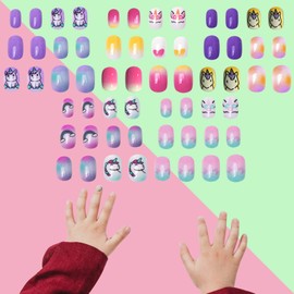 SIUSIO 120 Pcs 5 Pack Children Acrylic Fake Nails Press on Pre-glue Full Cover Glitter Gradient Color Short False Nail Art Kits for Kids Little Girls - Unicorn Series
