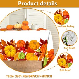 Quimoy Fall Tablecloth 60×84 Inch Rectangular, Autumn Pumpkin Maple Leaves Table Cover, Harvest Orange Pumpkin Fall Table Cover for Autumn Thanksgiving Party Picnic Kitchen Dinner Decor