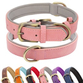 HSIGIO Padded Leather Dog Collar, Soft Breathable Adjustable Waterproof Dog Collar Leather with Durable Metal Buckle for Small Medium and Large Dogs (Medium, Pink/Gray)