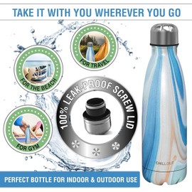 CHILLOUT LIFE Stainless Steel 2 Pack Water Bottle for Kids School: 17 oz Double Wall Insulated Cola Bottle Shape for Cold and Warm Drinks, 2 Set (Carrara Marble - Ocean Marble)