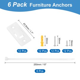 QUARKZMAN Furniture Anchors (Pack of 6), Anti Tilt Furniture Anchors for Fixing Plastic Wall Anchors for Cabinets, Beds, Shelves and Furniture Fixings to the Wall, White