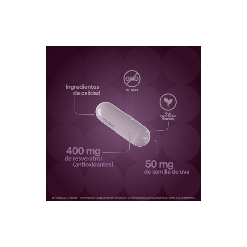 Resveratrol 400mg Puro 90 Cápsulas con Semilla de Uva Nutrabasics