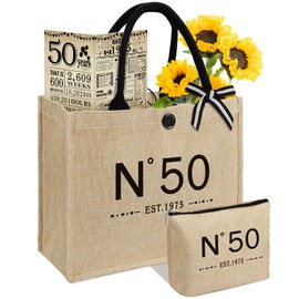 50th Birthday Gifts for Women Jute Tote Bag, Vintage N°50 Burlap Handbag with Cosmetic Bag and Back in 1975 Poster, Unique 50 Years Old Gifts for Mom Friends Wife Sister Her