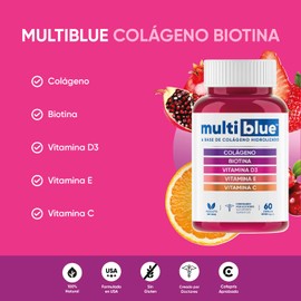 MULTIBLUE COLÁGENO BIOTINA | Fórmula con Biotina, Colágeno, Vitamina D3, Vitamina E y Vitamina C - Ingredientes para la Piel, Cabello y Uñas - (1 Frasco, 60 Cápsulas, Sin Gluten, Libres de OMG’s, 100% Naturales, Reforzadas con CoQ10, Arándano, Granada y 