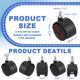 PATIKIL Office Chair Wheels Replacement 2", 8 Pcs Nylon Heavy Duty Office Furniture Casters Wheels with Wrench Universal Wheel for Hardwood Floor Carpet, Black(Screw Stem)