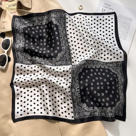 JERLA Women's Men's Small Square satin 100% Real Mulberry Silk Scarfs paisley Hair head face scarf 21" x 21" (Paisley polka dot black and white)
