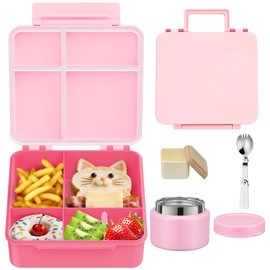 Bento Lunch Box Set with 5 Compartments, Insulated Food Jar & Utensil & Sauce Container, Leak-Proof and BPA-Free, Dishwasher Safe -Candy pink