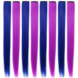 RYH 8 Pieces Clip-In Coloured Hair Extensions for Women Girls Women Blue Purple Hairpieces Wig for Women Multicoloured Party Hightlight Clips (Blue, Purple)