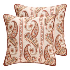 ISAENNE Design Linen Classic Vintage Throw Pillow Covers 18"x18" Pack of 2, Square Cushion Covers with Orange Yellow Paisley Style Pattern Decoration Pillowcases for Bed,Living Room,Outdoor,Car