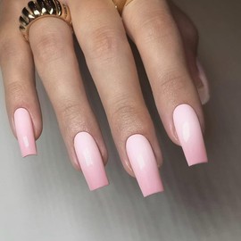 Long Nails for Sticking Coffin, KXAMELIE Colour Gradient Light Pink Simple False Nails Full Cover Gel Opaque Acrylic Nails Simple Mani for Women and Girls Daily Work