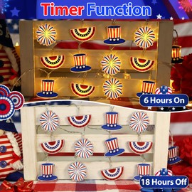 4th of July Decorations String Lights, 10Ft 20 LED American Fan Flag Top Hat Firework Lights Battery Operated with Timer Red Blue White Lights for Patriotic Memorial Day Fourth of July Day Decor