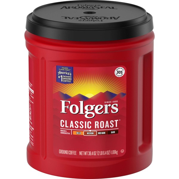Folgers Classic Roast Medium Roast Ground Coffee, 38.4 Ounces (Pack of 6)