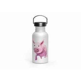 MAXIKIWI - Einwandige Edelstahl-Trinkflasche mit Schraubverschluss und Griff, nicht isoliert, leicht, BPA-frei, auslaufsicher, lustiges rosa Schwein, 500 ml