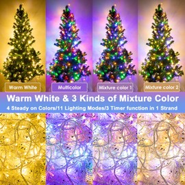 Decute Colors Changing Christmas Lights 4 Colors in 1 String Lights, 11 Modes 108FT 300LED Extendable Waterproof Indoor Outdoor Tree Fairy Lights Warm White & Multicolor with Timer Remote, Clear Wire