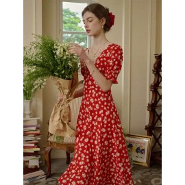 Simple Retro Annie Charming Floral Print Elegant Red Dress Size Medium