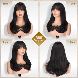 FESHFEN Long Wigs with Fringe, Women's Natural Black Wig Synthetic Layered Hair Natural Look Synthetic Hair Wig Daily Party Cosplay Carnival for Women 45 cm