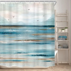 KOMLLEX Abstract Teal Beach Shower Curtain for Bathroom Decor 60Wx72H Ocean Oil Painting Sea Wave Seagull Mountain Nature Landscape Summer Hawaii Scenery Fabric Waterproof Polyester 12 Pack Hooks