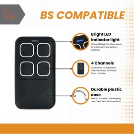 Hormann Compatible 4-Channel Garage Door Remote – LED Indicator – HSE-4-BS, HSE-2-BS, HSE-1-BS Replacement – Black