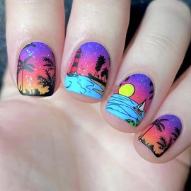 MERVF Square Press on Nails Short Fake Nail Ombre French Tip Glue ons Beach Sunset Design Summer Acrylic Nails DIY Squoval Supplies Art Manicure 24pcs Matte