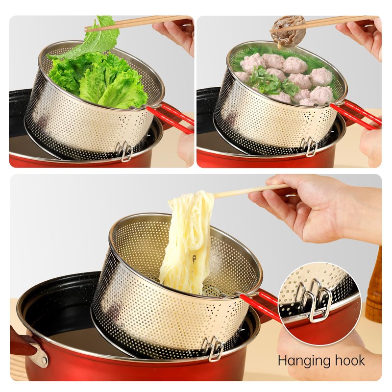 Stainless Steel Colander, Micro-Perforated Metal Pasta Strainer with Hook &
