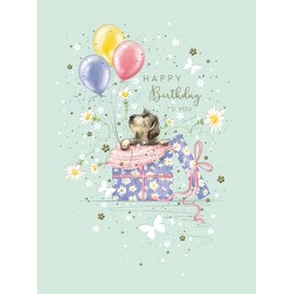 Noel Tatt General Female Birthday Card for Women/Girls - Puppy Present with Balloons and Flowers Embossed with Foil - Eco-Friendly & Recyclable