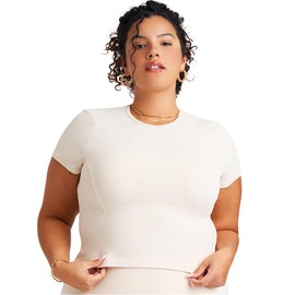 POPSUGAR Short Sleeve Athletic Tops for Women, Fitted Feminine Seamed Workout Shirts Breathable Gym Running Yoga Tshirts Latte, Medium